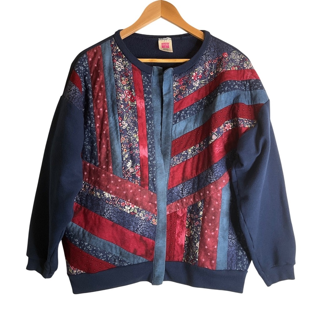 Vtg Hanes Her Way Blazer Patchwork Quilted Fleece Open Cardigan Jacket Casual XL